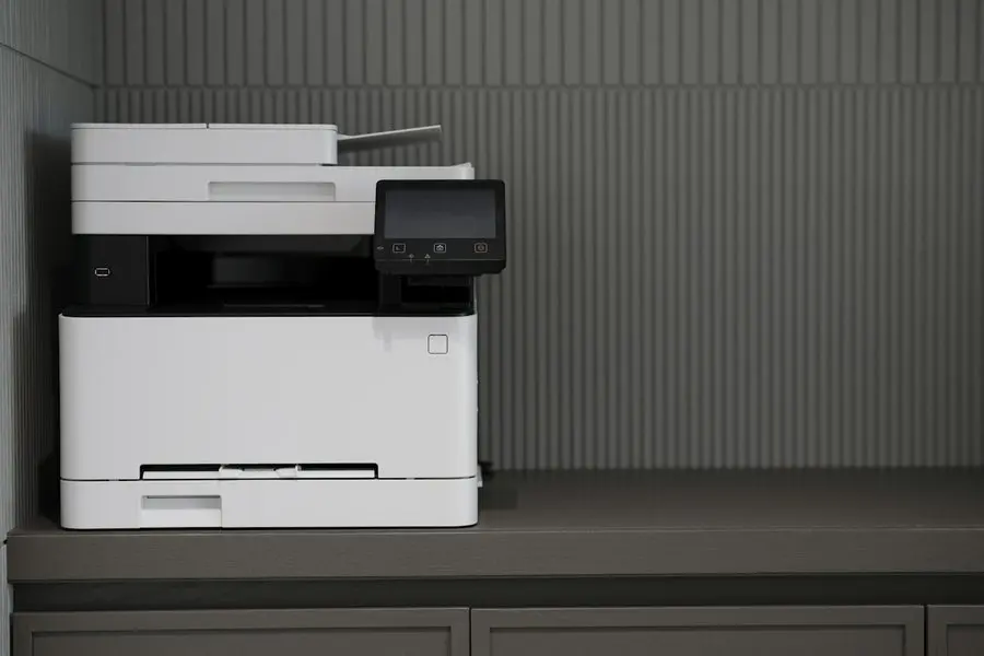A white all-in-one laser printer with a document feeder on top and a small black touchscreen panel, sitting on a grey wood cabinet against a fluted grey wall.
