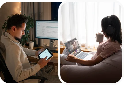 A man working at his desk, and a woman relaxing with headphones and a laptop
